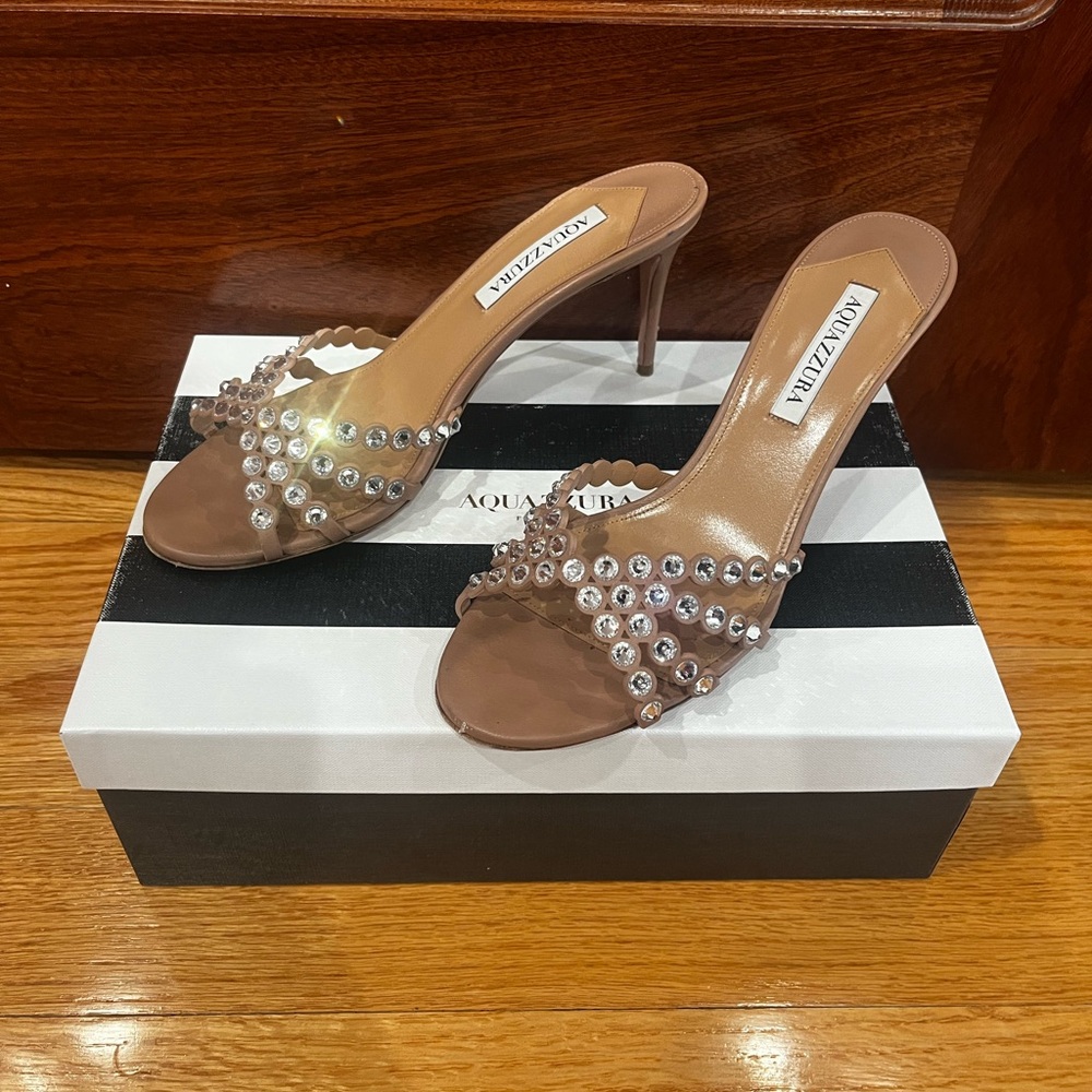 Aquazzura Brown and Silver Studded Heels